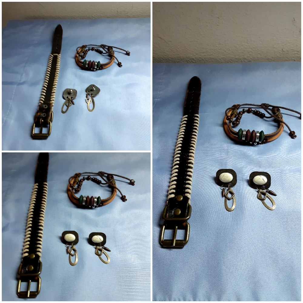 Leather set 2 bracelet  one pair southwest earrings